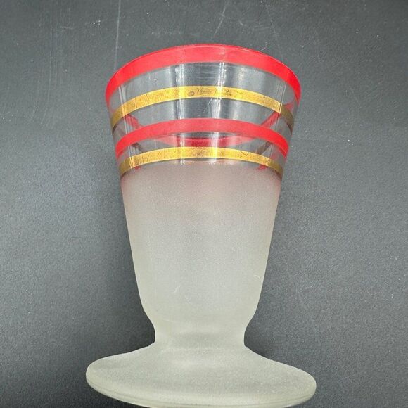 MCM Cordial Shot Glasses Frosted Footed Striped Red Gold Rimmed Set Vtg 1940s - Picture 3 of 12